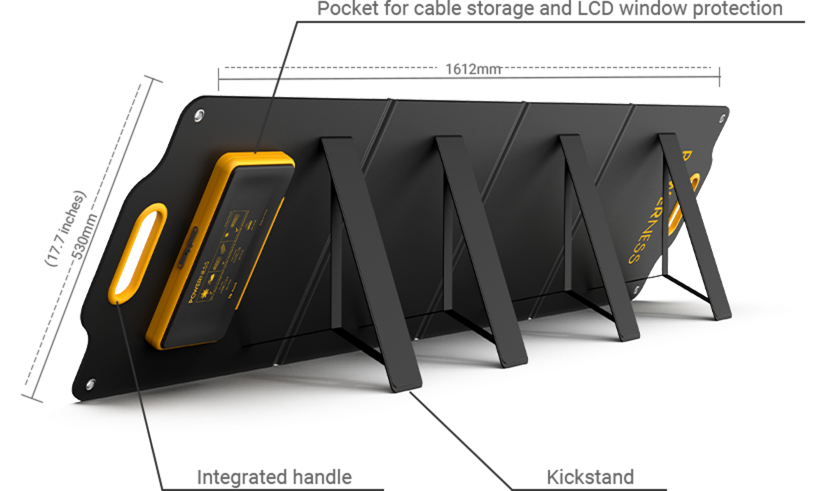 Powerness SolarX S120: Unfolded solar panel showcasing cable storage, kickstand, and carry handle for enhanced functionality