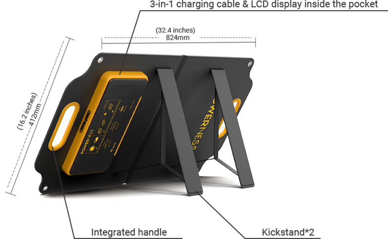 Powerness S40 Solar Panel: Detailed back view highlighting kickstand usage, dimensions, and ergonomic handles for convenient positioning and transport